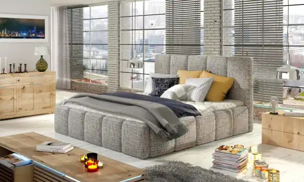 Preț mic Pat tapitat cu somiera din lemn, spatiu pentru depozitare si mecanism de ridicare cu arc, 180x200 cm, Edvige SET11, Eltap Alb