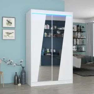 Livrare rapidă Dulap cu usi glisante si oglinda + iluminare LED, Texas 120 + LED, 120 cmx200 cmx58 cm, ADRK Furniture Alb