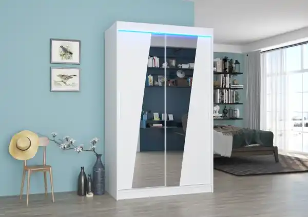 Livrare rapidă Dulap cu usi glisante si oglinda + iluminare LED, Texas 120 + LED, 120 cmx200 cmx58 cm, ADRK Furniture Alb