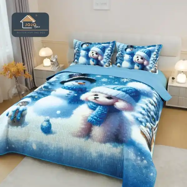Cuvertură de Pat Matlasată 5D Crăciun Albastru | Puppy & Om de Zăpadă | 3 Piese | Finet Catifelat | PatulMeu Cumpără online