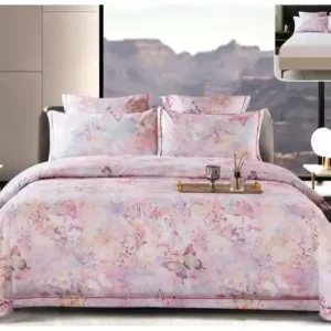 Chilipir Lenjerie pat satin digital romantic fluturi | Roz pastel | 6 piese | 2 persoane | Cu elastic