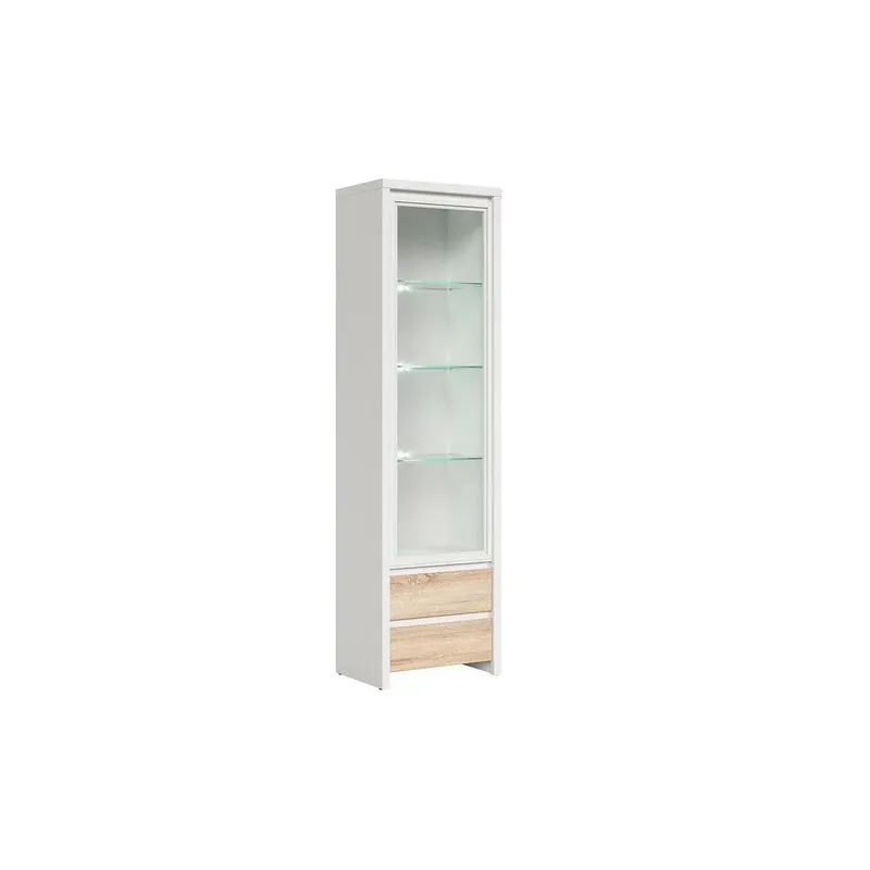 Reducere de preț Vitrina KASPIAN, alb/stejar sonoma, PAL/sticla securizata, 56x41x201 cm