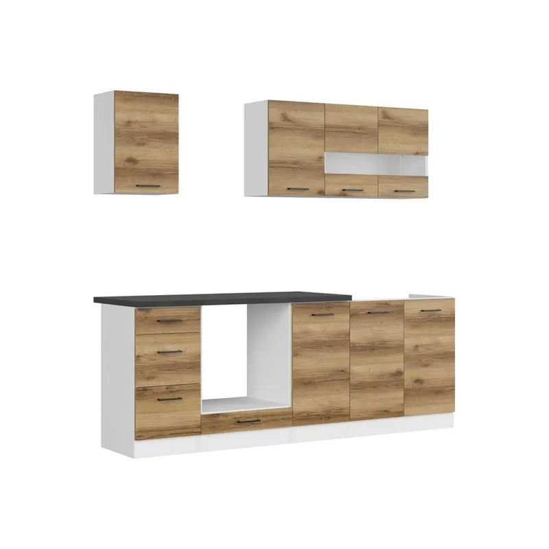 Set bucatarie JUNONA LINE, stejar delano/alb, PAL, 220 cm, cu blat negru Cel mai bun preț