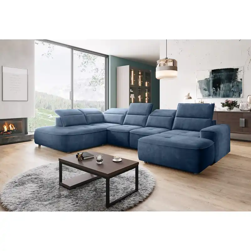 Promoție Coltar COLOMBO XL, sezlong stanga, stofa catifelata bej - Letto 11, Gama Premium, cu lada depozitare si reglaj electric, 376x227x103 cm