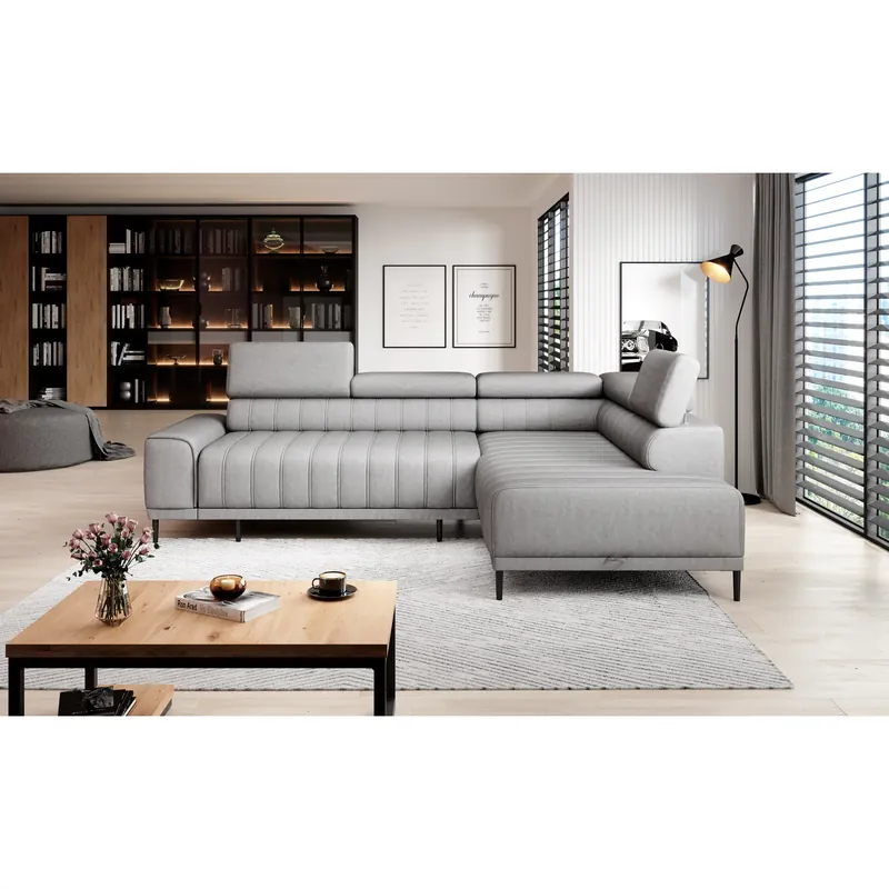 Coltar extensibil CALDO L, sezlong dreapta, stofa catifelata scortisoara - Salvador 08, Gama Premium, cu lada depozitare si tetiere reglabile, 268x200x99 cm Retur gratuit