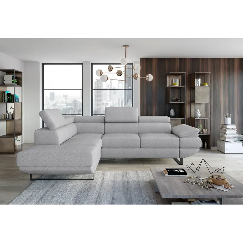 Chilipir Coltar extensibil GIO, sezlong stanga, stofa clasica galben mustar - Austin 11, cu lada depozitare si tetiere reglabile, 262x200x88 cm