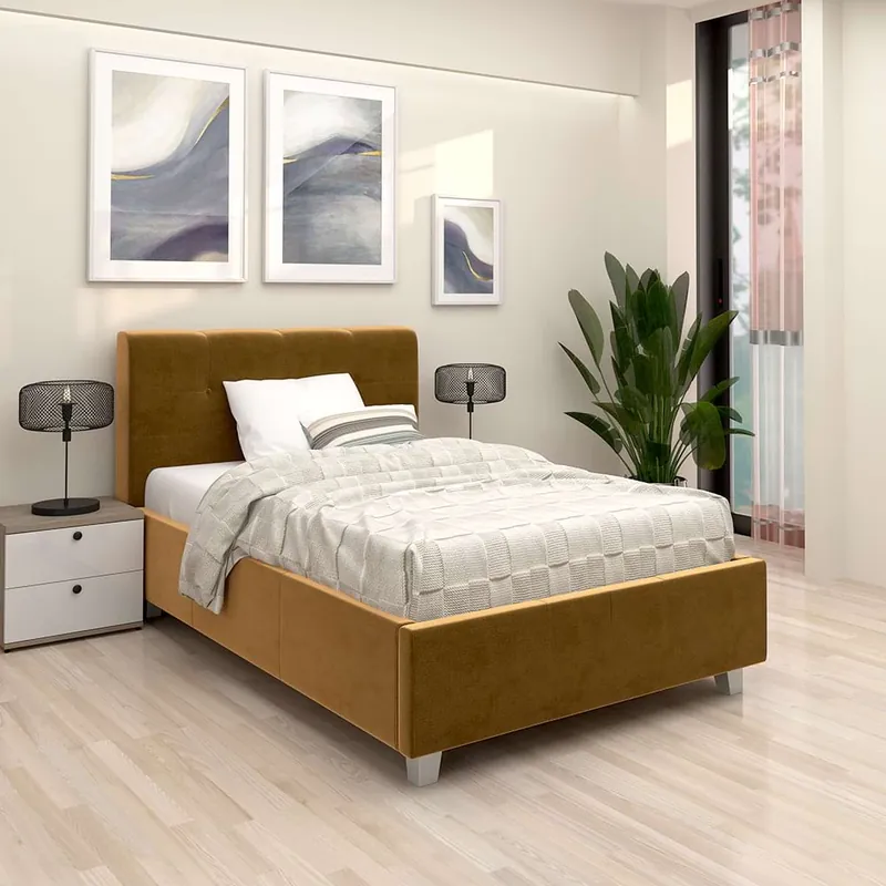 Pat tapitat de o persoana ARISA, 120x200, catifea Galben Mustar Expediere rapidă