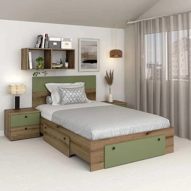 Pat copii AMBRO fara saltea, 90x200, 2 sertare, Stejar, Verde Eucalipt Bestseller