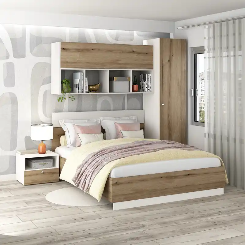 Disponibil imediat Dormitor ARONA 2, pat matrimonial, 3 dulapuri, noptiera 1 sertar, Alb, Stejar