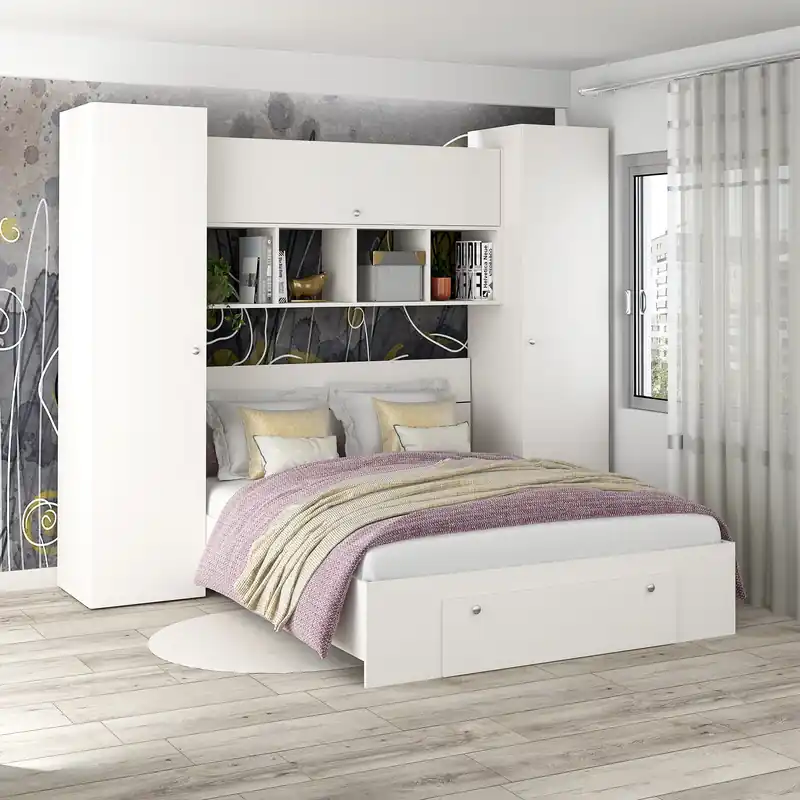 Dormitor ARONA 4, pat matrimonial sertar frontal, 4 dulapuri, Alb Reducere
