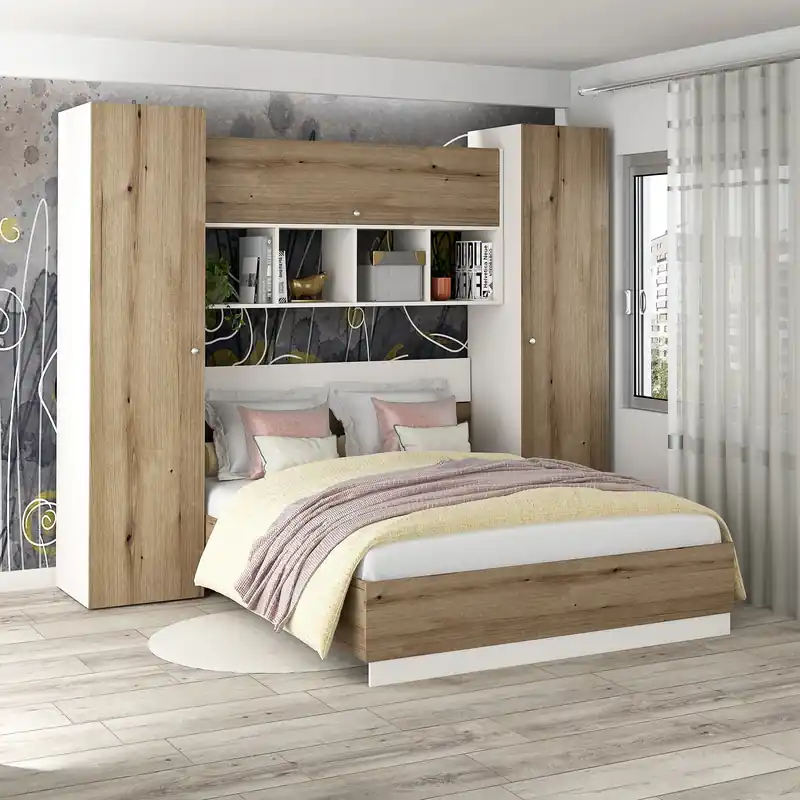 Reducere extra Dormitor ARONA 4, pat matrimonial, 4 dulapuri, Alb, Stejar