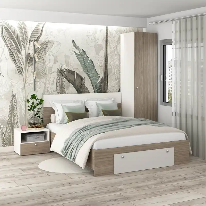 Dormitor ARONA 1, pat matrimonial cu sertar frontal, Alb Portelan, Oak Vezi acum