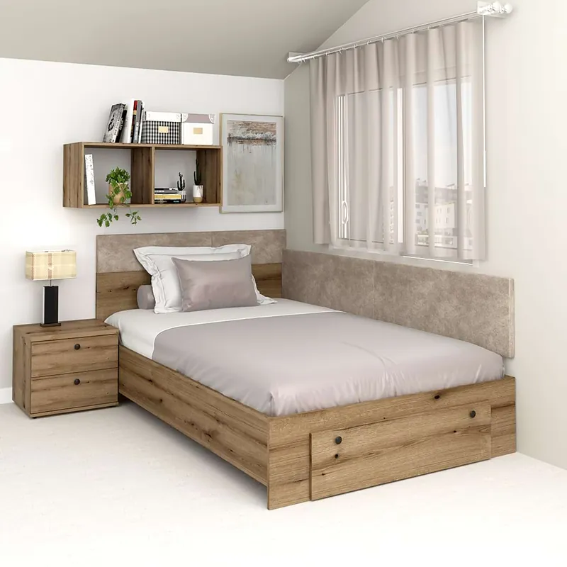 Pat colt AMBRO cu saltea si noptiera inclusa, 120x200, sertar frontal, Stejar Retur gratuit