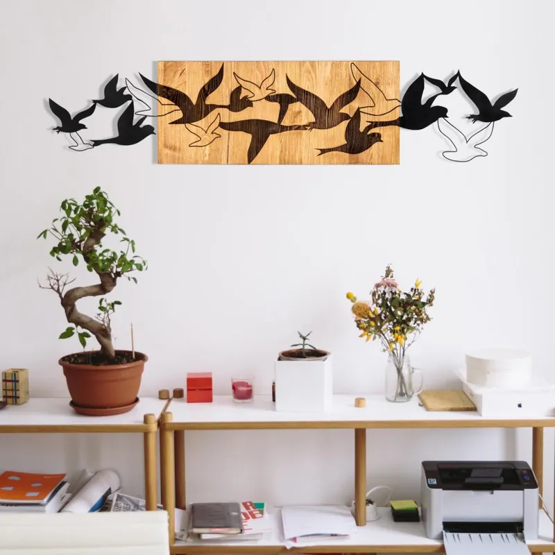 Decorațiune de perete 111x25 cm lemn/metal păsări Plată sigură