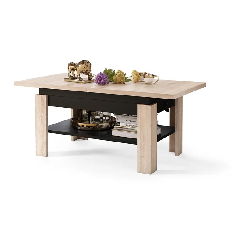Masă de cafea extensibilă cu blat rabatabil ROY 130/170x65 cm stejar Sonoma/negru Ofertă limitată