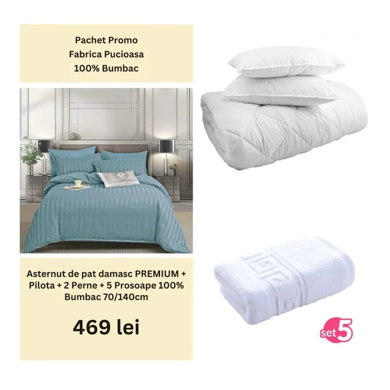 Calitate înaltă Pachet Promo – Lenjerie de pat damasc PREMIUM + Set 5 prosoape 100% Bumbac + Pilota + 2 Perne | 0002