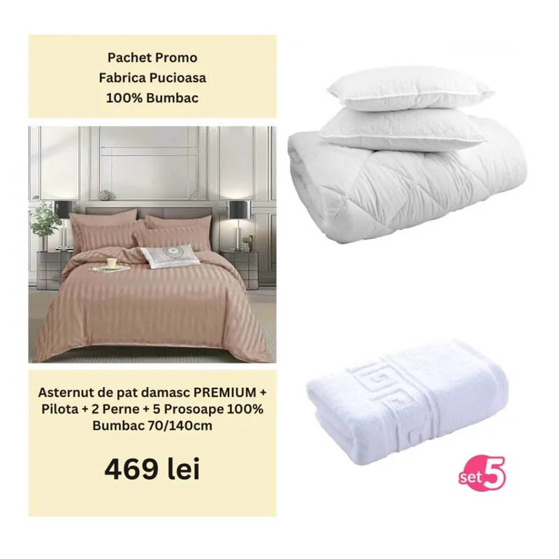 Pachet Promo – Lenjerie de pat damasc PREMIUM + Set 5 prosoape 100% Bumbac + Pilota + 2 Perne | 0003 Discount