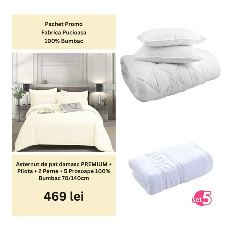Pachet Promo – Lenjerie de pat damasc PREMIUM + Set 5 prosoape 100% Bumbac + Pilota + 2 Perne | 0005 Ieftin