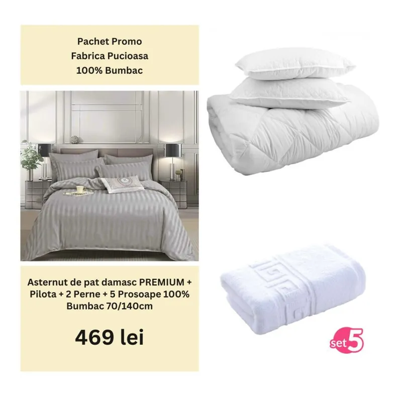 Pachet Promo – Lenjerie de pat damasc PREMIUM + Set 5 prosoape 100% Bumbac + Pilota + 2 Perne | 0008 Ofertă exclusivă