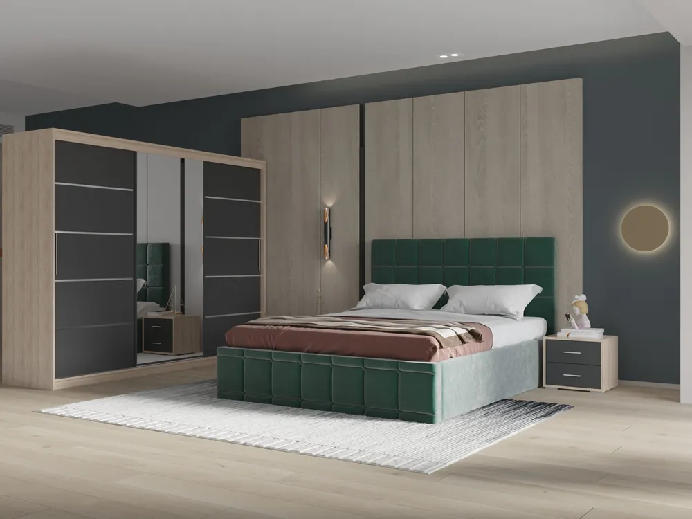 Set dormitor Royal 250, Verde cu Dulap Sonoma/Gri Super ofertă