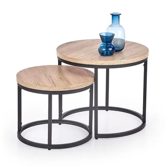 Set 2 măsuțe cafea Oreo, rotunde, PAL melaminat, 53x45 cm, stejar San Remo Reducere specială