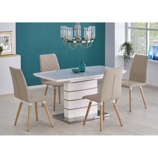 Preț mic Masă Toronto extensibilă, MDF lucios, furnir natural și sticlă, 140-180x80x76 cm, alb/stejar auriu