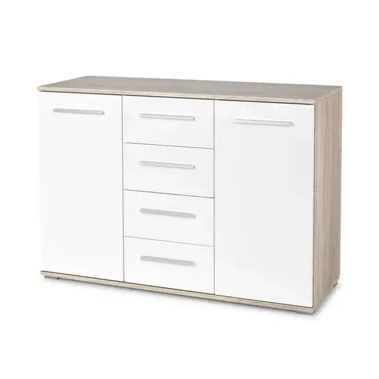Premium Comodă Lima KM-4, design modern, PAL laminat lucios, 116x40x82 cm, alb-Sonoma