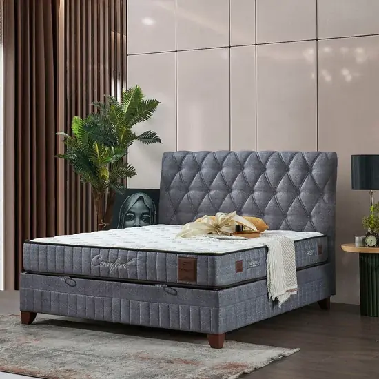 Pat + Saltea gratis Comfort, gri - 160x200 cm, ladă depozitare, somieră rabatabilă, topper confort, structură metal + lemn + PAL, tapițerie stofă premium Premium