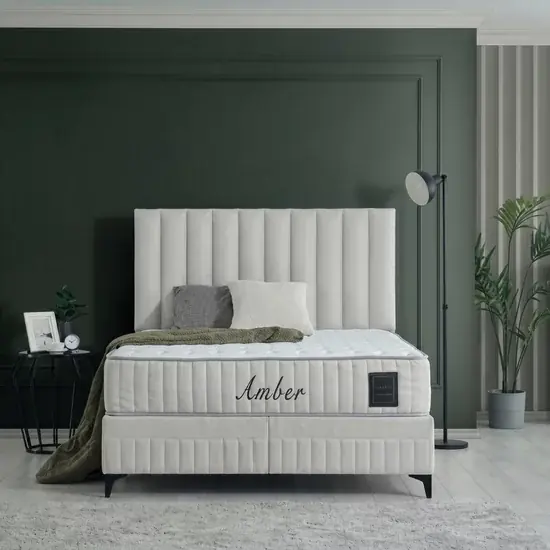 Retur ușor Pat + Saltea gratis Amber, crem - 140x200 cm, ladă depozitare, design elegant, topper confort, structură metal + lemn + PAL, tapițerie stofă premium