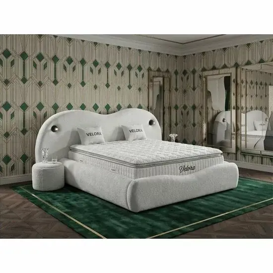 Set pat +Saltea Gratis tapițat Velora 140x200 cm crem cu somieră rabatabilă si ladă depozitare Reducere