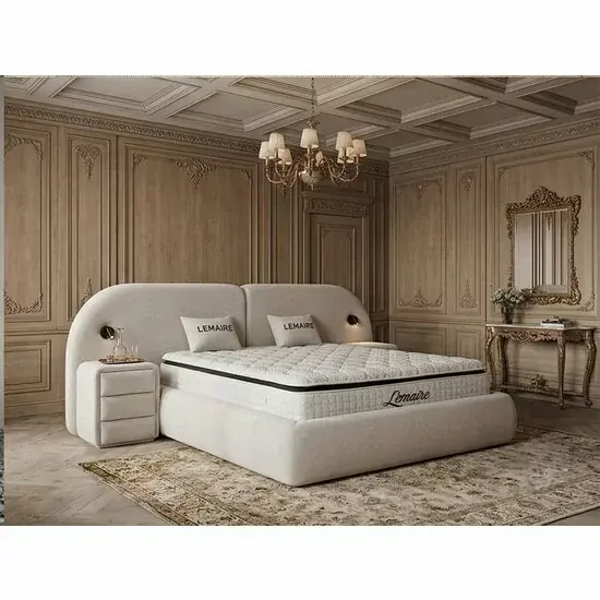 Calitate înaltă Pat tapițat cu Saltea Gratis, Lemaire 180x200 cm crem cu somieră rabatabilă si ladă depozitare inclusă