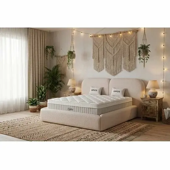 Set pat +Saltea Gratis tapițat Opios 200x200 cm crem cu somieră rabatabilă si ladă depozitare Calitate înaltă
