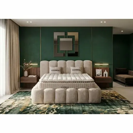 Reducere Pat tapițat cu Saltea Gratis, Cosmos 200x200 cm crem cu somieră rabatabilă, ladă depozitare