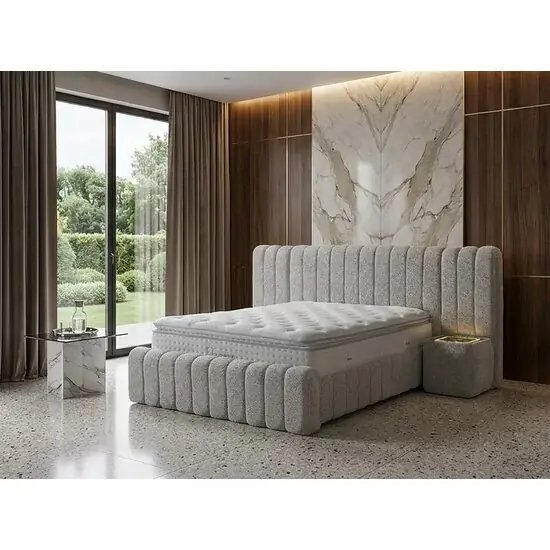 Reducere Pat tapițat cu Saltea Gratis, Boss XXL 140x200 cm crem cu somieră rabatabilă, ladă depozitare