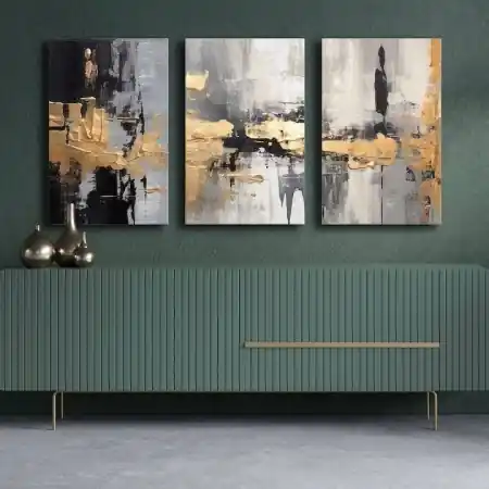 Set tablou decorativ Re-Bloom, 3 piese, lemn masiv/panza, gri/auriu/negru, 145 x 70 cm Discount