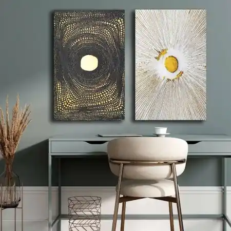 Retur ușor Set 2 tablouri decorative Re-Bloom, panza/lemn, alb/negru/auriu, 45 x 70 cm