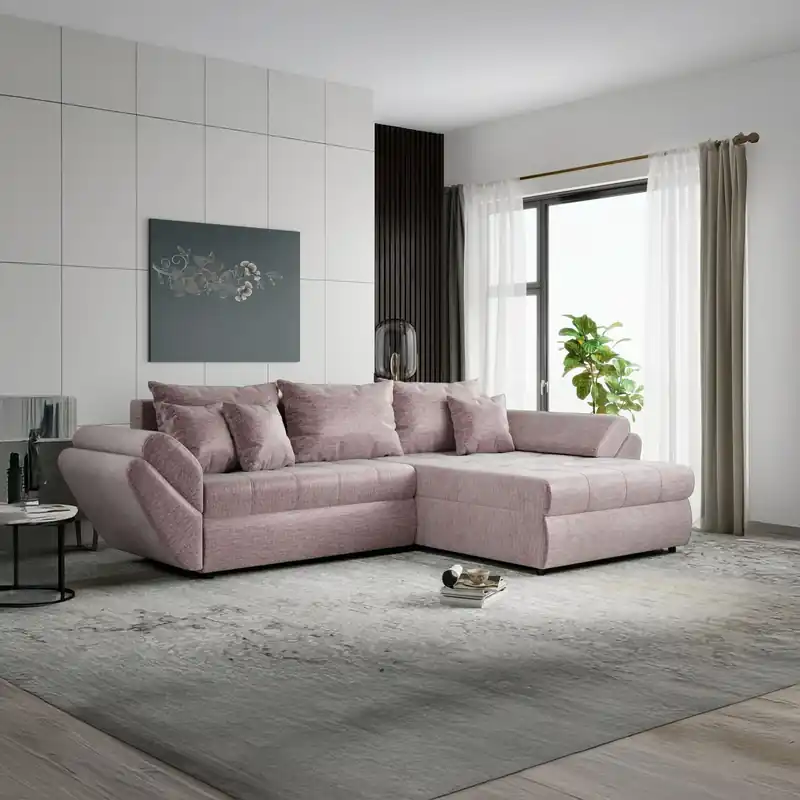 Premium Colțar extensibil dumonde cu ladă de depozitare Loana Monolith Roz pudrat II 270x185 cm
