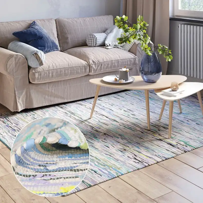 Covor Ameer din bumbac lucrat manual cu nuante de albastru, 60x110 cm Ofertă exclusivă