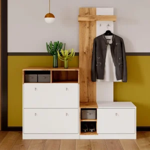 Ofertă Cuier pentru hol Sambre alb cu stejar, design modern 55 cm lățime